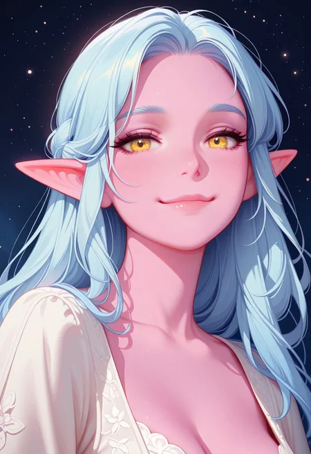 masterpiece, best quality, amazing quality, very aesthetic, flat colors, (artist:Tsuaii:1), pastel colors, watercolor painting,
1girl, portrait, looking at viewer, front view, smile,
pink skin, blue hair, yellow eyes, white renaissance dress,
elf, Dark lighting, starry night,