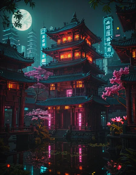 <lora:Cyberpunk_Temples_illd:1.0> ct_ill, cyberpunk asian temple, neons, cherry blossom, cyberpunk cityscape, illuminated, night, wet, glowing flowers, pond, bridge, vegetation, multiple asian temples, glowing entrance, glowing kanji signs, moon