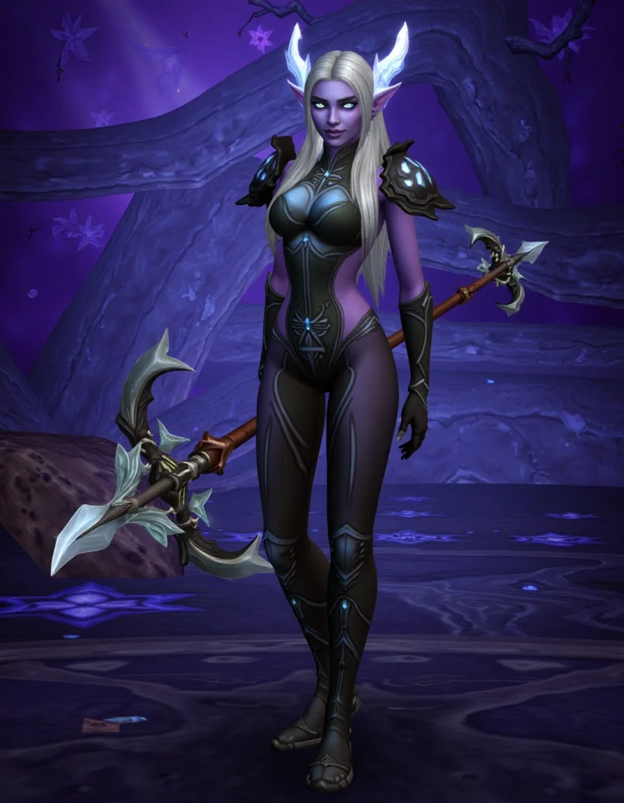 WOW_Character_Style, This image is a digital drawing of a World of Warcraft character, depicting a graceful and deadly female night elf sentinel. The night elf stands tall with a lithe, athletic build, her skin a deep shade of violet and her long, flowing silver hair cascading down her back. Her glowing, piercing silver eyes watch her surroundings with calm focus. She wears sleek, dark leather armor adorned with intricate elven symbols, blending into the shadows of the forest. In her hands, she holds a long, curved glaive, its blades shimmering faintly with moonlight. Her expression is serious and determined, a warrior bound to protect the forest.