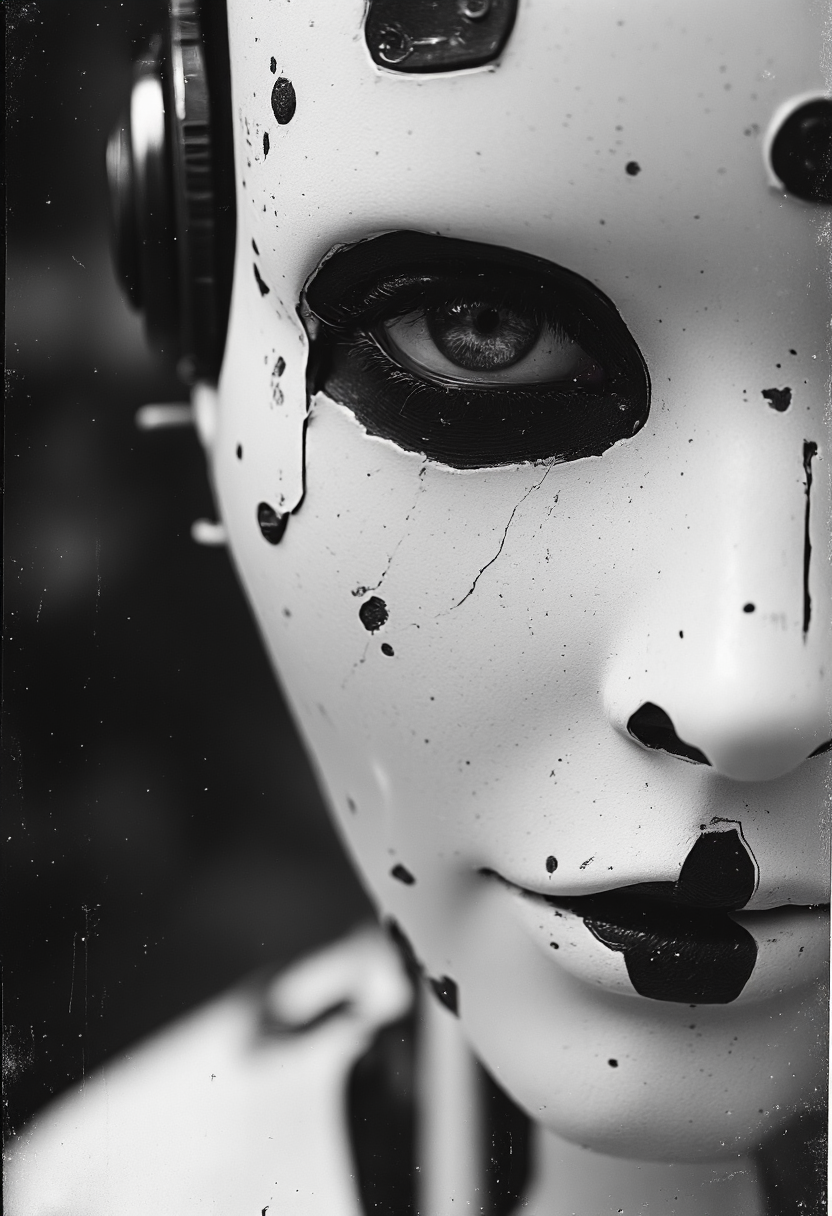 analogstyle, black and white face of a robotic female 