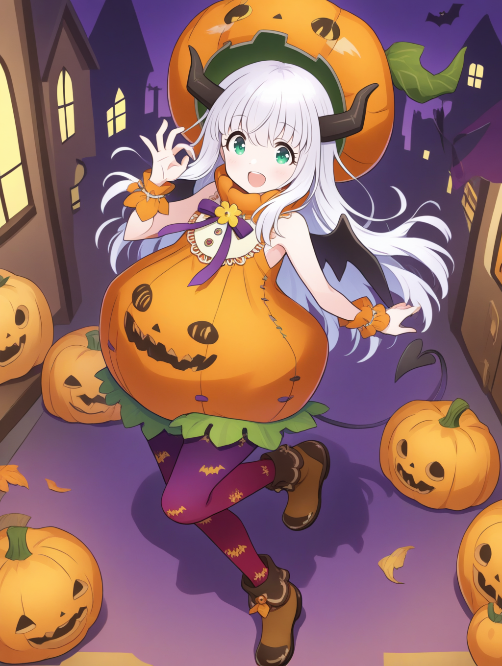 perfect quality,best quality,absolutely eye-catching,ambient occlusion,raytracing BREAK
1girl,<lora:riria kabotya IL v1.1:1>,kabotya,white hair,green eyes,long hair,horns,halloween,halloween costume,pumpkin,hat,sleeveless,wrist cuffs,wings,ribbon,demon tail,red legwear,purple legwear,shoes,print legwear,, from above,medium_shot,fighting_stance,ok_sign,arm_at_side,legs_up,