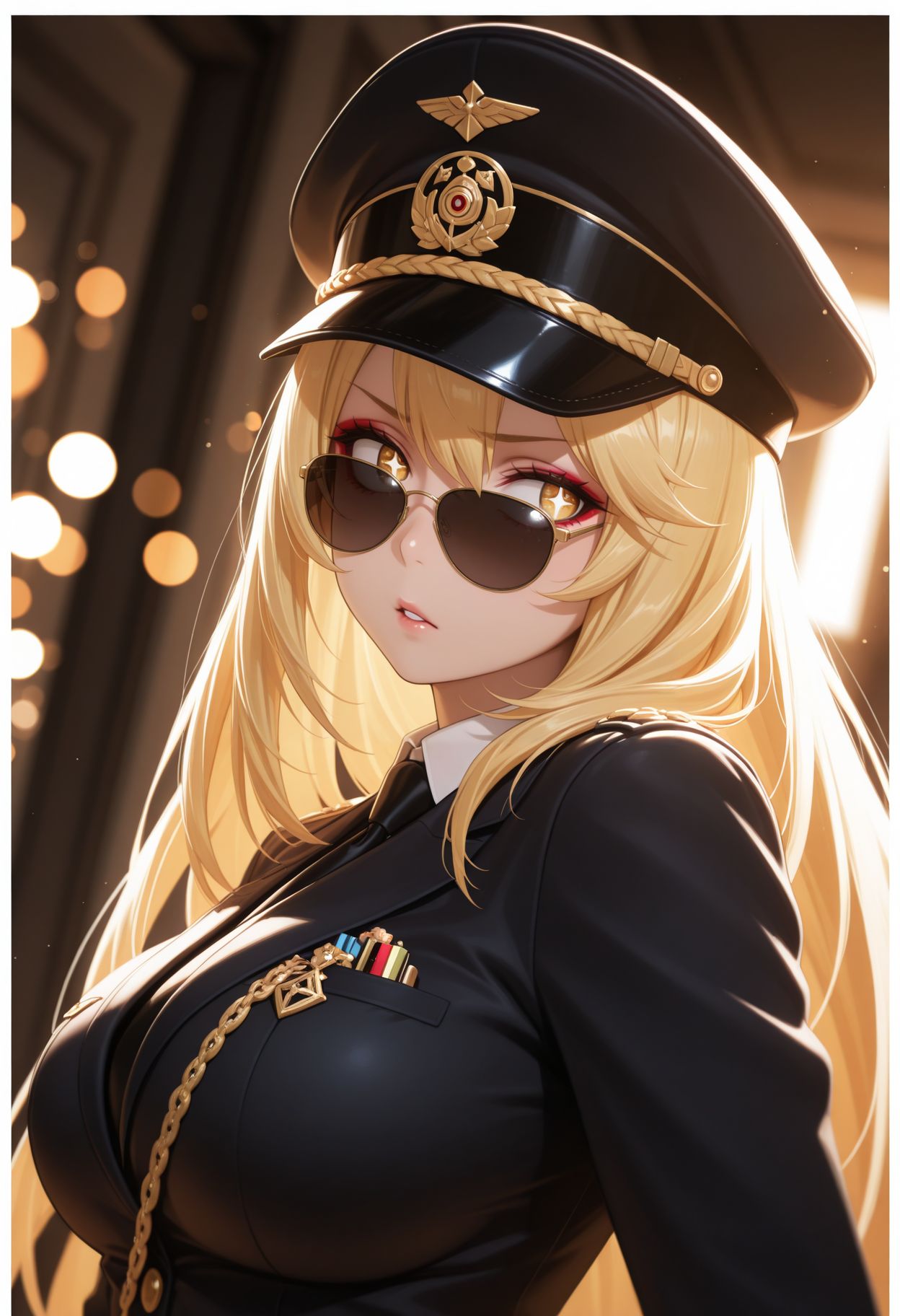masterpiece,best quality,absurdres,highres,very aesthetic,high quality,detailed,insanely detailed,beautiful,perfect lighting, ,depth of field,blurry background,bokeh
  <lora:Shokuhou Misaki illu:1> 1girl, blonde hair, long hair, yellow eyes, symbol-shaped pupils, +_+, large breasts,  highs, sunglasses,peaked hat,necktie, close-up, rolling_eyes, looking_back, dutch_angle,border,makeup,dynamic angle