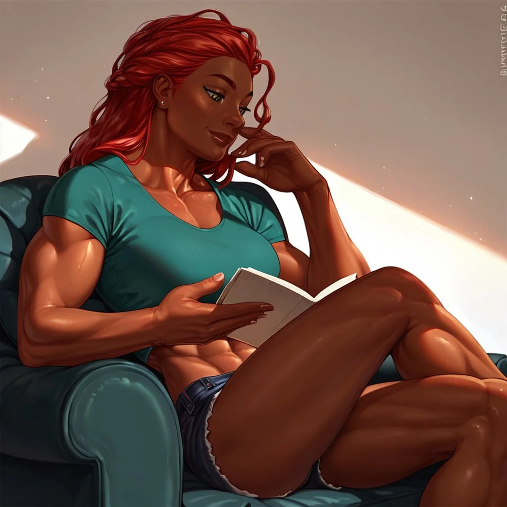 score_9, score_8_up, score_7_up, score_6_up, 1woman, solo, anvil, dark skinned african american woman, red hair, muscular woman, tall girl, sitting in large green armchair, reading a romance novel, slight smile, green t shirt, bare midriff, short shorts, hazel eyes