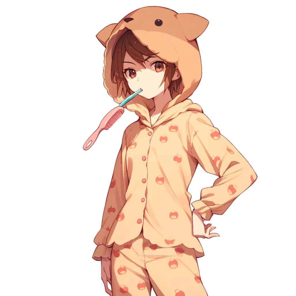 anime coloring, score_9, score_8_up, score_7_up, score_6_up, kinuhata saiai, toaru, 1girl, solo, brown hair, brown eyes, pajamas, brushing teeth, toothbrush, short hair, white background, hood, hand on hip, simple background, looking at viewer, animal hood