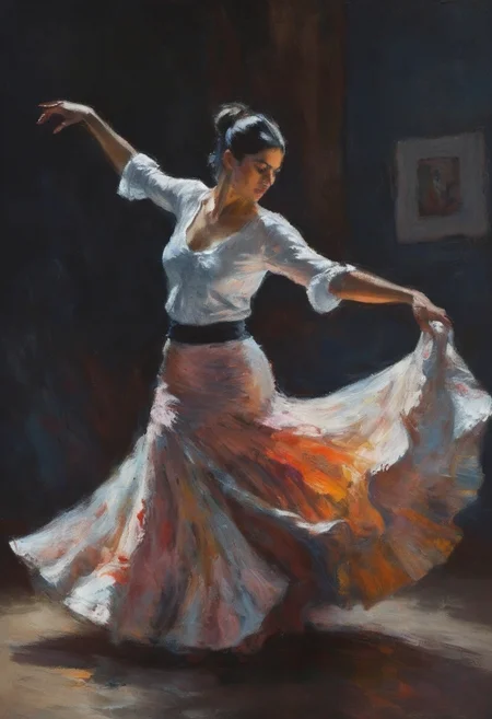 impressionist paintin gof a tall graceful flamenco dancer with flowing swirling skirt in a darkened room dramatic light and flamenco band in the background