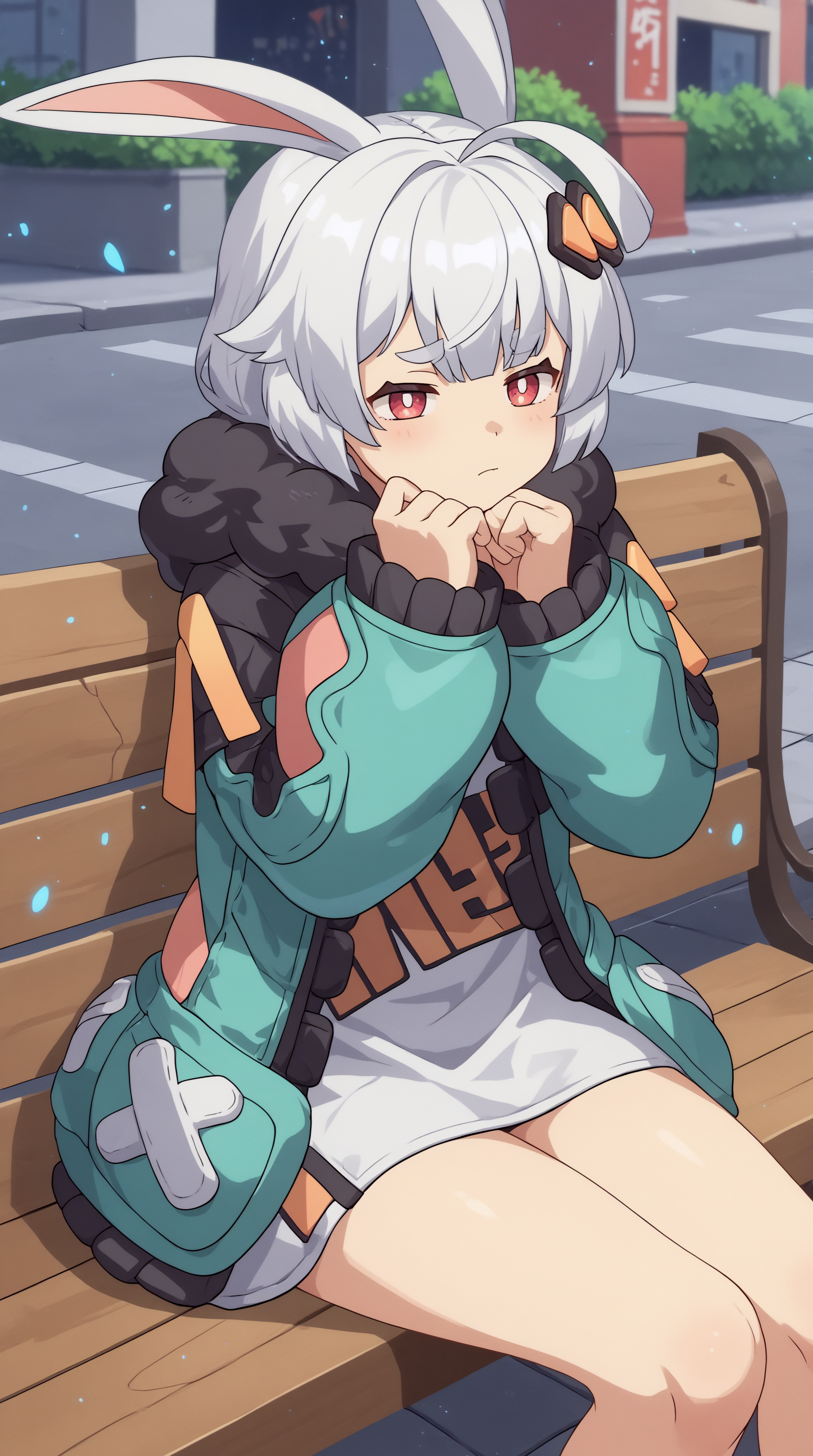 score_9, score_8_up, score_7_up,anime_source, source_anime, best background, detailed background, anime screencap  Taffy, Main Outfit, outdoors, street, sitting, bench over, bored, hands on chin, soft particles  <lora:JN_Taffy_Pony:0.8>