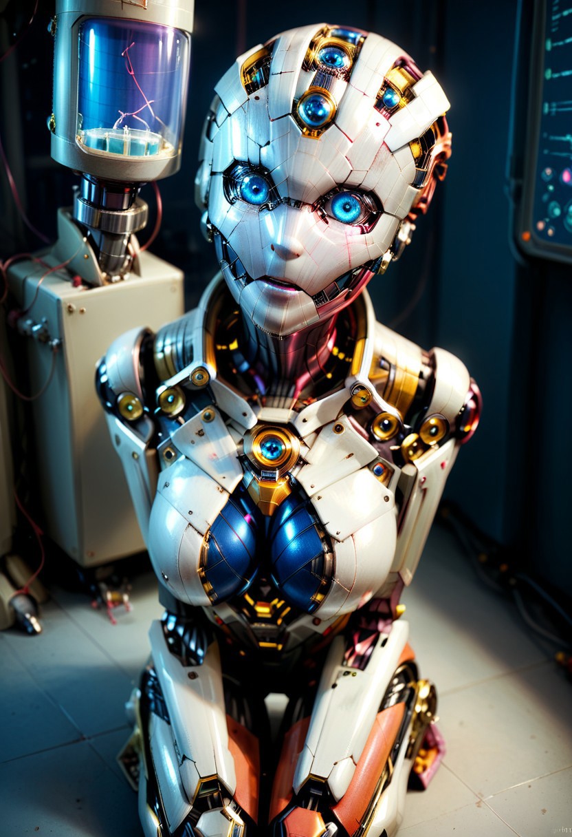 score_9, score_8_up, score_8,
BREAK,
1girl, (circuit face:1.4), (neon blue eyes:1.5), (mechanical face:1.5), large breasts, 
Break, 
(Cybernetic body:1.4), 
Break, 
Break, 
(Kneeling:1.3), (close-up:1.4), 
Break, 
(Portrait view:1.5), (blurry background:1.3), (head and chest focus:1.5)
Break,
(Playful expression:1.5), ()
Break, 
(Laboratory in background:1.5), dramatic chiaroscuro lighting, (8KHD), (painstakingly detailed),  verybadimagenegative_v1.3,