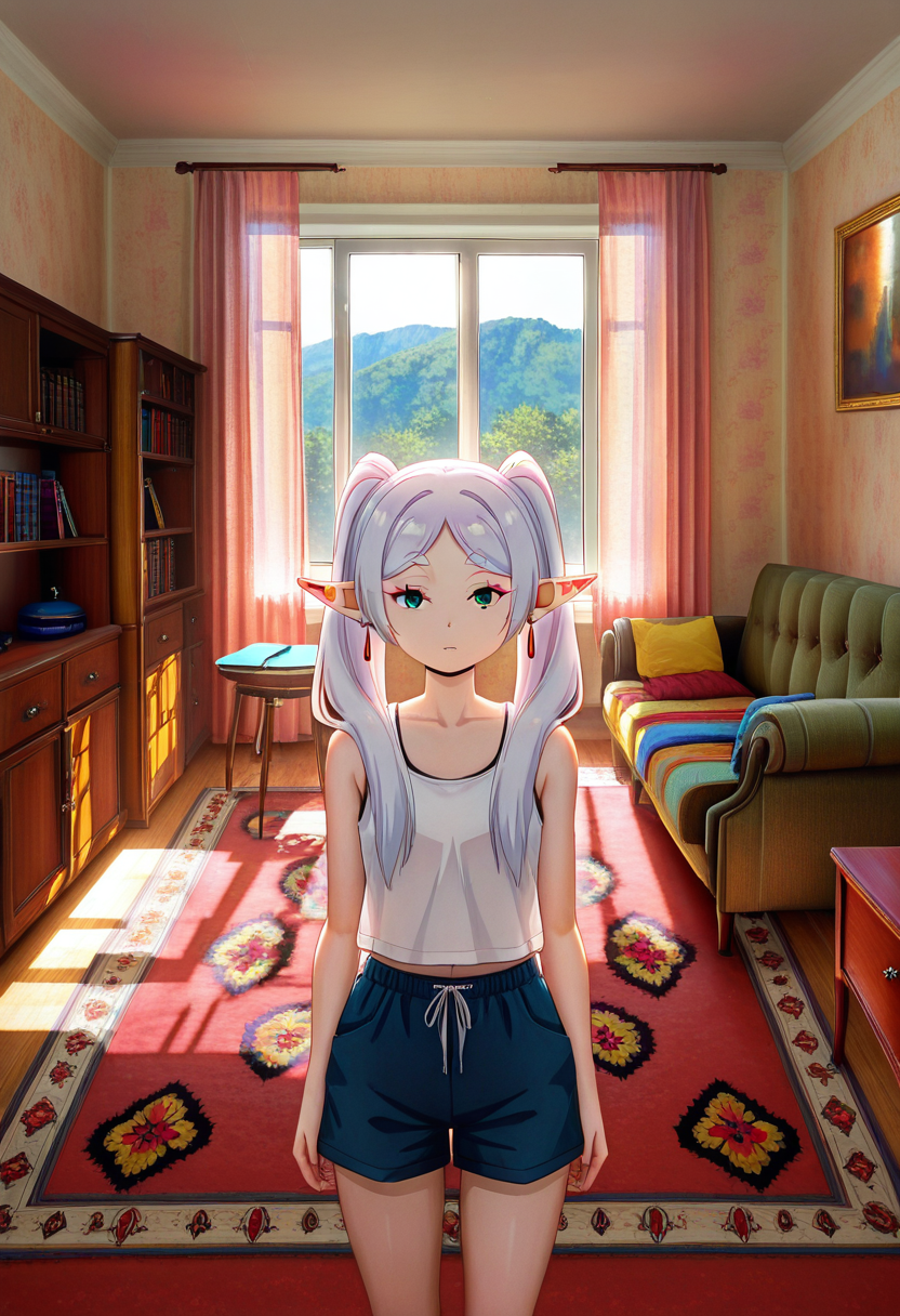 masterpiece, high quality, 1girl, solo, frieren, tank top, shorts, looking at viewer, cowboy shot, hrushch, room, carpet, rug, curtains, indoors, table, window, couch, bookshelf, cabinet, scenery, sunlight, chair, 