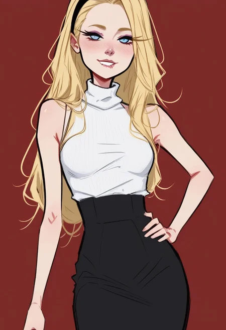 <lora:dijor-v2:1> dijor, sketched, score_9, score_8_up, score_7_up, source_photo, realistic, body shot,
1girl, solo, 21yo, Australian beauty, very sexy, very cute, very delicate,
expresiveh, flirtatious look, perfect face, smile,
light blue eyes, very tan skin, purple nose, a blush of shame on his cheeks, goth make up, lip biting, she is looking in the upper left,
high forehead, blonde, gold eyebrows, long hair, straight hair, middle parting haircut, headband,
slender figure, long neck, long legs, small breast,
white turtleneck sleeveless shirt, black skirt, black pantyhose,
threads his hair on his finger, left hand on hip,
cinematic lighting,
mountain hut, red walls