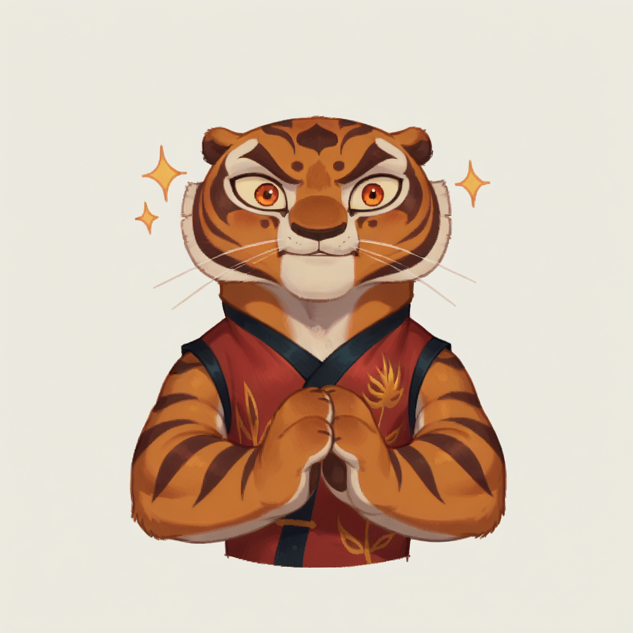 score_9, score_8_up, score_7_up, vkstickers, source_anime, outline, flat, 2d BREAK
Tigress, big eyes, happy, red clothes, white background <lora:vkstickers:0.85> <lora:tigress:0.65>