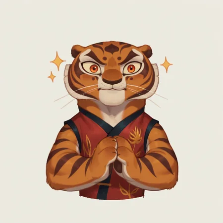 score_9, score_8_up, score_7_up, vkstickers, source_anime, outline, flat, 2d BREAK
Tigress, big eyes, happy, red clothes, white background <lora:vkstickers:0.85> <lora:tigress:0.65>
