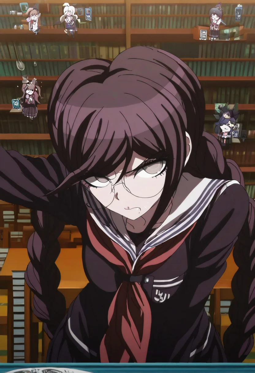 (((solo))), masterpiece, best quality, very aesthetic, modern, modern anime, newest, absurdres, highres, isometric view , optamistic expression , (((solo))),danganronpa_(series),<lora:Toko_Fukawa_Illustrious:1>, This is an anime screencap from Danganronpa 3. Toko Fukawa sits at a fancy writing desk in the school library, surrounded by stacks of classic literature. She's furiously crossing out lines in her manuscript while literary quotes float around her head like thought bubbles, each one marked with aggressive red editorial notes. Toko Fukawa wearing her uniform from Danganronpa 1. She has long dark purple hair in two braids, gray eyes and large round glasses. Her large, dark grey glasses are slightly crooked at an angle. Her uniform is a dark purple Japanese school uniform. The uniform has long sleeves, a collared shirt with a red ribbon and a long skirt with the school crest on the upper left sleeve. A red ribbon is tied around the collar of her shirt.