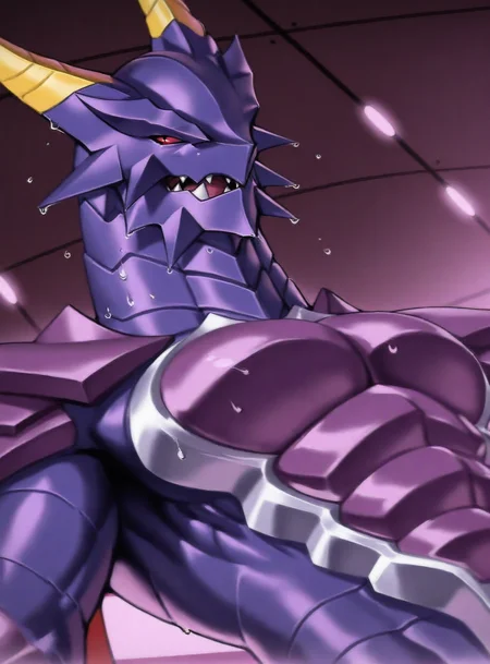 realistic shading,Bright lights,expressive face,looking at viewer,no humans,Purple skin,red eyes,<lora:DYNJIIL333:0.9>,formal,manly,wet,imposing,indoors,dynamic angle,fidgetting,intricately detailed illustration,masterpiece,best quality,amazing quality,very aesthetic,absurdres,newest,formal,moaning,long legs, score _9,score_8_up, score_7_up,source_anime,rating_explicit,
