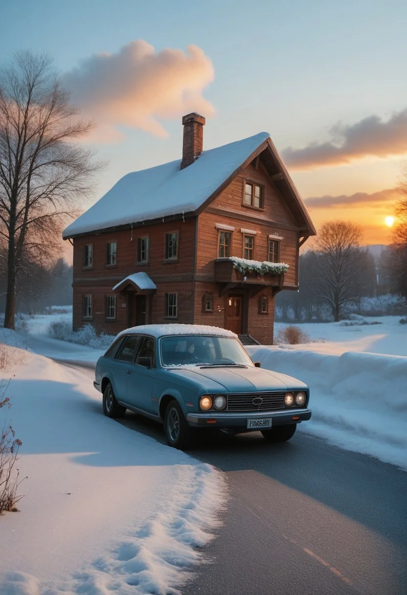 Score_PnyReal C4M3R403, no humans, motor vehicle, ground vehicle, house, tree, car, winter, snow, sunset, cloudy sky, outdoors, road, scenery, building, window, sky, grainy, film photography