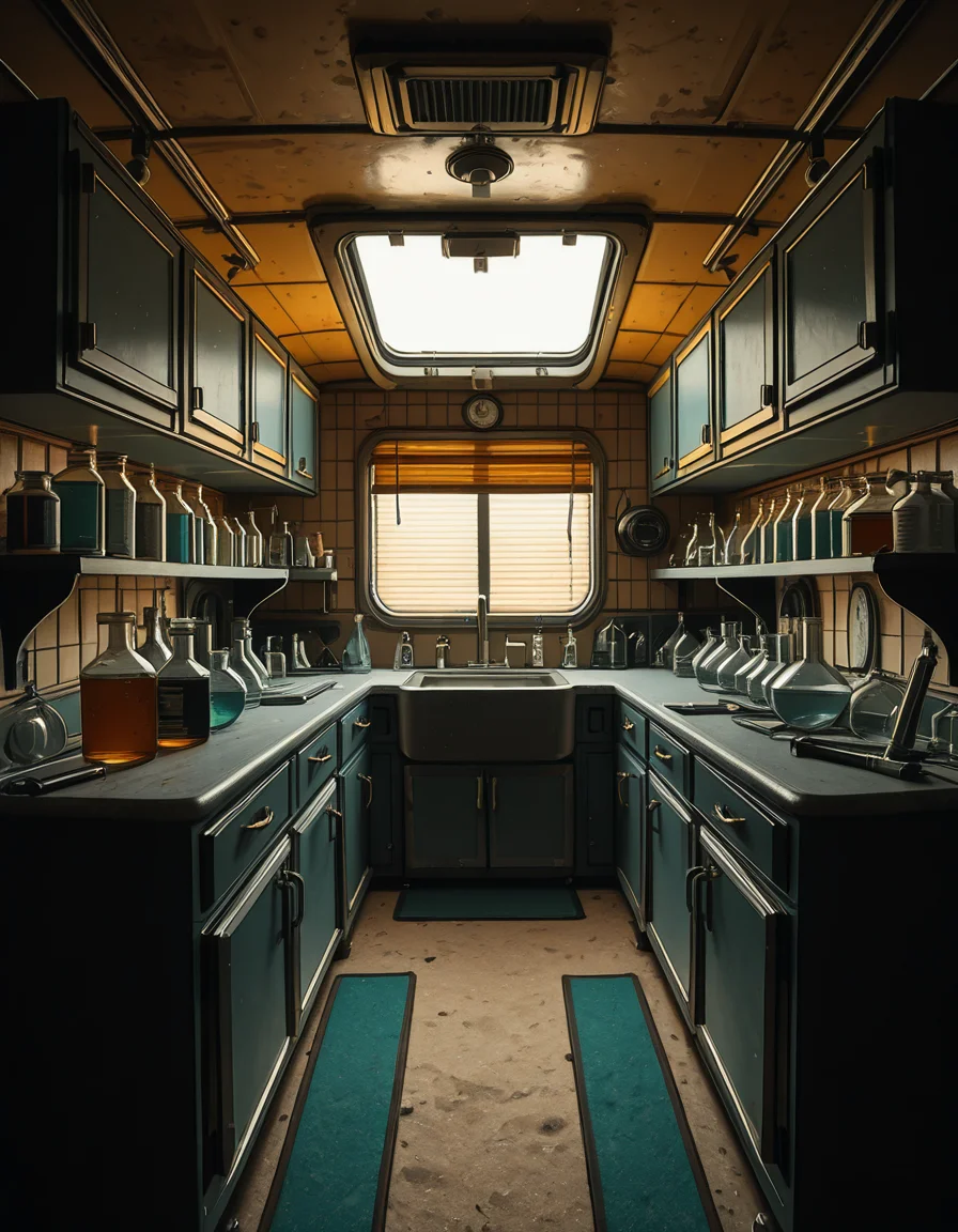 The interior of an old RV converted into a clandestine drug laboratory, inspired by the TV series Breaking Bad. The space is cramped and messy, filled with scientific equipment, glass beakers, flasks, burners, chemical containers, and lab tools scattered around. The walls are aged and stained, with peeling wallpaper and old metallic cabinets. A small sink area is cluttered with dirty lab glassware. The lighting is dim and tinted yellow, with sunlight barely filtering through dusty blinds. The floor is grimy, with a mix of rubber mats and worn carpet. The overall atmosphere is tense and gritty, capturing a sense of secrecy and danger. Hyper-realistic style, cinematic composition, rich in textures and shadows.
<lora:SDXLFaeTastic2400:0.4> <lora:extremely_detailed:0.4> extremely detailed,old RV drug l4b0r4t0ry, <lora:old_RV_drug_l4b0r4t0ry-i:1>, Masterpiece,best quality,hi res,8k,hi res,8k,award winning,(sharp focus, intricate, highly detailed),