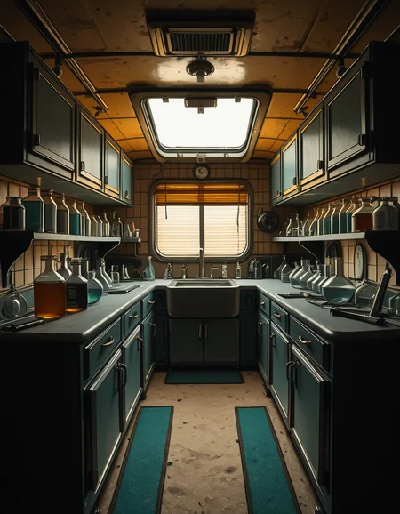 The interior of an old RV converted into a clandestine drug laboratory, inspired by the TV series Breaking Bad. The space is cramped and messy, filled with scientific equipment, glass beakers, flasks, burners, chemical containers, and lab tools scattered around. The walls are aged and stained, with peeling wallpaper and old metallic cabinets. A small sink area is cluttered with dirty lab glassware. The lighting is dim and tinted yellow, with sunlight barely filtering through dusty blinds. The floor is grimy, with a mix of rubber mats and worn carpet. The overall atmosphere is tense and gritty, capturing a sense of secrecy and danger. Hyper-realistic style, cinematic composition, rich in textures and shadows.
<lora:SDXLFaeTastic2400:0.4> <lora:extremely_detailed:0.4> extremely detailed,old RV drug l4b0r4t0ry, <lora:old_RV_drug_l4b0r4t0ry-i:1>, Masterpiece,best quality,hi res,8k,hi res,8k,award winning,(sharp focus, intricate, highly detailed),