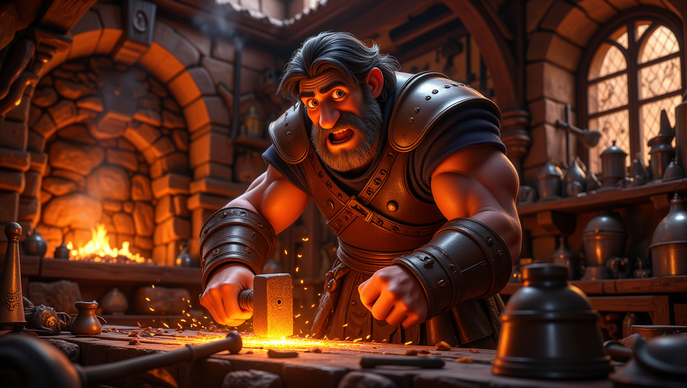 A rugged blacksmith, with muscular arms and a weathered face, hammers away at a glowing piece of metal in a smoky, fire-lit forge. Sparks fly as the hammer strikes, and the blacksmithâs intense focus is evident in his furrowed brow. Around him, various weapons and armor pieces are displayed, hinting at his mastery of the craft. The style is gritty and powerful, capturing the raw energy of the blacksmithâs work and the medieval craft of weapon-making     <lora:Cute_3d_Cartoon_Flux:0.6>