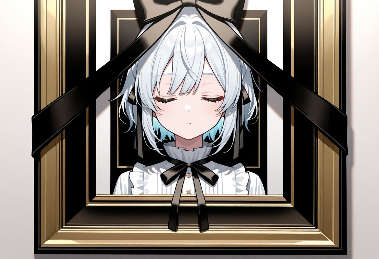 masterpiece, best quality, 32k, high resolution, absurdres, iei, black ribbon, portrait (object), sleeping