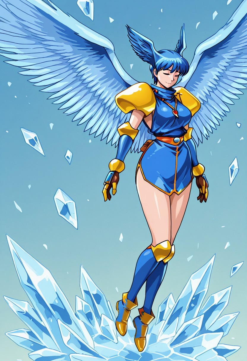 anime screencap, denjin makai, guardians, zeldia, 1girl, solo, blue hair, short hair, closed eyes, peaceful expression, angel, large wings, feathered wings, fantasy armor, blue outfit, golden pauldrons, armored gloves, thigh-high boots, floating, ice shards, ice magic, shattered crystals, detailed shading, blue and gold armor