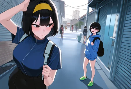 very awa, masterpiece, best quality, year 2024, newest, highres, absurdres, <lora:age_slider_v4:3> <lora:thicc_v1.4-pony:1.2>,detailed_background,outdoors,closed mouth,short hair,open mouth,blue hoodie,bag,hood,hoodie,jin \(jinkwon1147\),backpack,drawstring,yellow hairband,short sleeves,multiple girls,crocs,highres,black hair,hand on another&