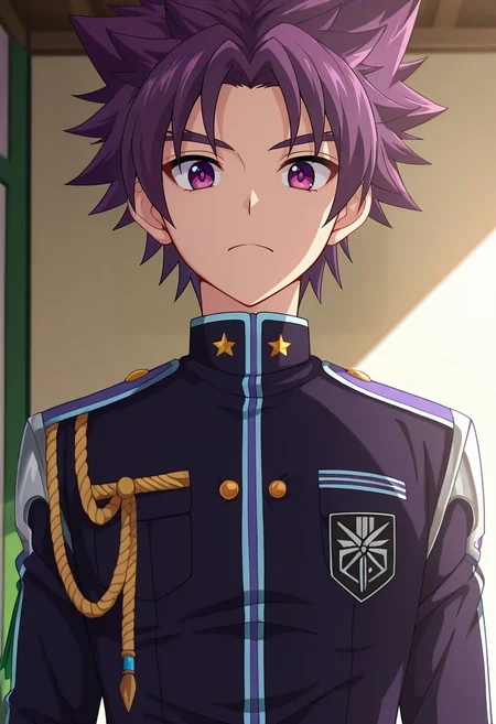 masterpiece, best quality, intricate details, anime screencap, anime coloring, , looking at viewer, , 1boy, solo, male focus, <lora:yoichi_yukimura_ilxl:0.92>, yoichi_yukimura, purple hair, purple eyes, short hair, spiked hair, uniform, , knight costume