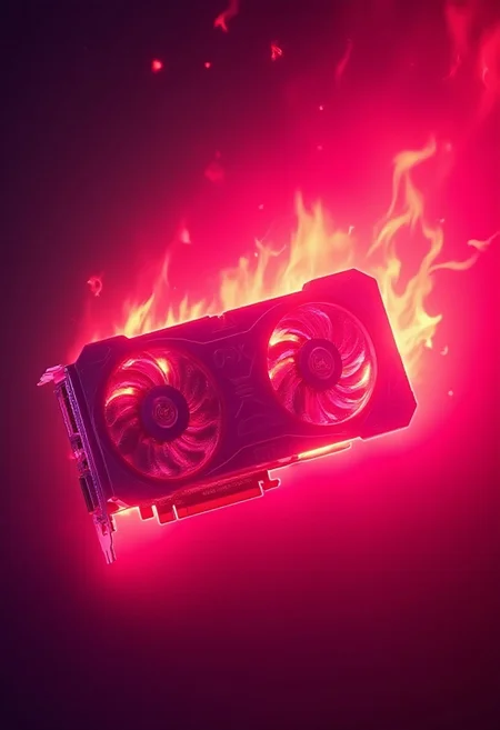 A Video Card, completely engulfed in flames, inferno, blazing, concept art, masterpiece, perfect lighting, purple and pink flames, 8k, absurdres, massive fire - rendered in the highest quality