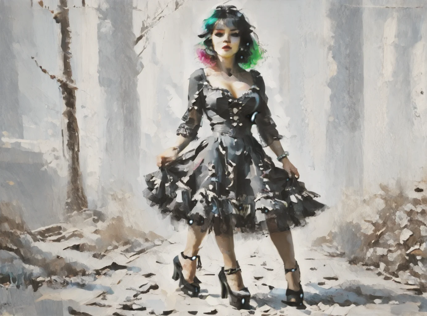 score_9, score_8_up, score_7_up, setting focus, character in foreground, establishing shot, woman, pale skin, large breasts, <lora:sm0k3XLP:1>, <lora:goth_clothes:1>, goth dress, gothic, black dress, detailed dress, black high heeled shoes, neon hair color, two tone hair, <lora:ekho:1>, <lora:OilpaintIMP:1> 0cmtr1g, 0cm, 0cm1sc, 4rch,
