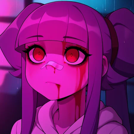 best quality, amazing quality, very aesthetic, absurdres,
1girl, althea, purple hair, blunt bangs, twintails, long hair, red eyes,
white hoodie,
portrait, blood on face, bandaid on nose,blurry background, pink lighting, night, dark, pink theme, rain, <lora:YouLookLonelyIllustriousXL_byKonan:1> <lora:AltheaNoobXL_byKonan:1>