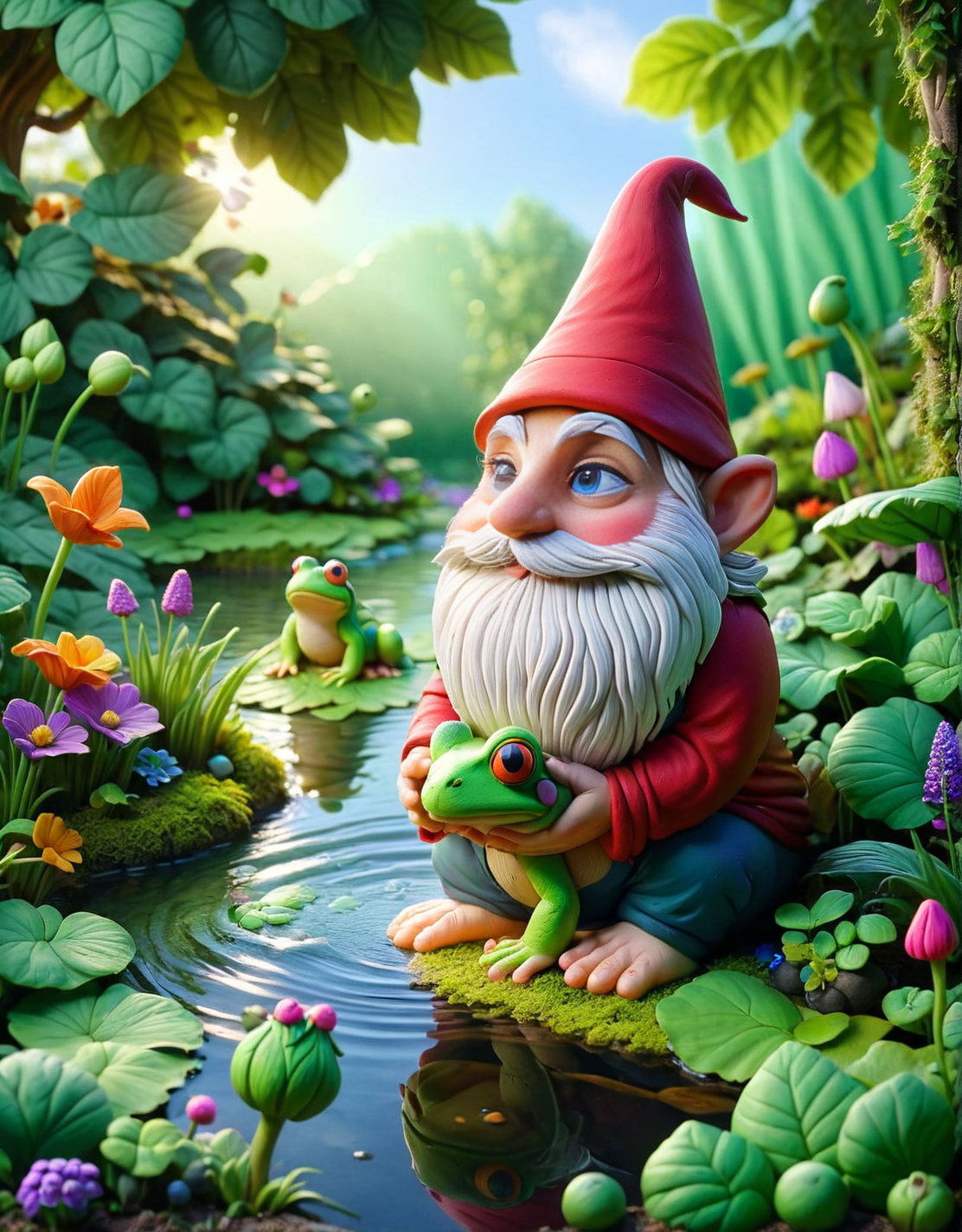 ais-hppycly garden gnome looking at a frog in the pond <lora:ais-hppycly-sdxl:1>