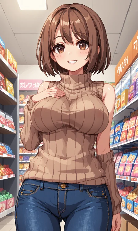 score_9, score_8_up, score_7_up, BREAK source_anime, masterpiece, anime screencap, shiny skin, official style, illustration,
8k, highres, incredibly_absurdres,
insanely detailed, anatomically correct, best perspective,
<lora:Aduare Style Pony:0.35>,
pixel art,
1girl, (Beautiful Breasts, natural breasts:1.2),
grin,
full body ,
from below,
sharp focus, colorful,
cute, shy ,
looking at viewer ,
hand on chest ,
standing ,
large breasts,brown hair, brown eyes, short hair,
sweater, ribbed sweater,turtleneck, sleeveless, denim,leeveless sweater, brown sweater, sleeveless turtleneck, turtleneck sweater, jeans,
Candy store, inside the candy store,
<lora:Summer_Memoriesãã¾ããã¼_Doujin_OtomeHentai_Game_Art_Style:0.85>