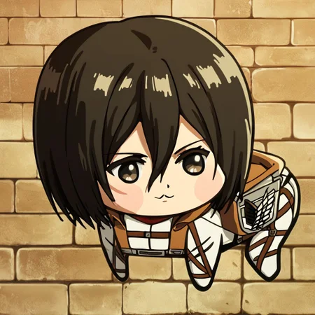 1girl, mikasa ackermann, beautiful face, detailed eyes, detailed face, doro, creature, :3, chibi, four legs, solid circle eyes, no pupils, sideway picture, colored, looking into distance, full body in view, attack on titan outfit, small head