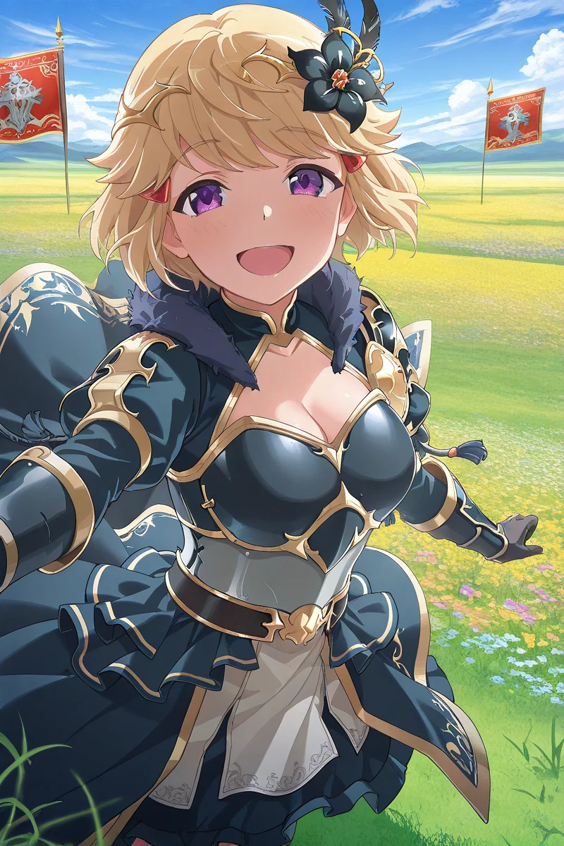 masterpiece, best quality, amazing quality,
<lora:Ryoko_IL:1> ryoko, 1girl, flower, blonde hair, solo, gloves, flag, outdoors, purple eyes, smile, sky, open mouth, breasts, short hair, cleavage, dress, banner, cloud, looking at viewer, armor, grass, day, field, bangs, hair ornament, blue sky, armorsk