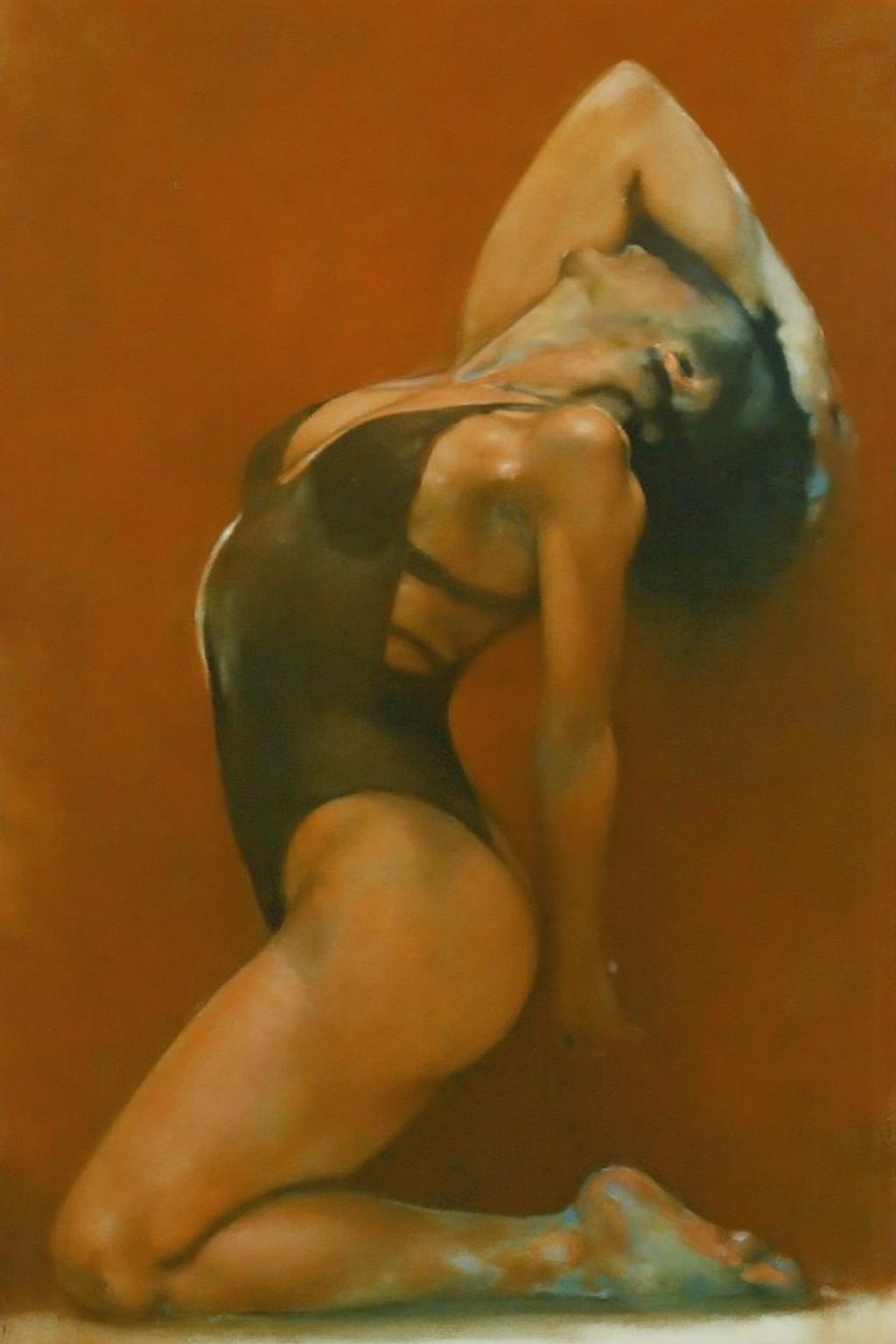 painting.
A woman, shown in side profile, in a dark one-piece swimsuit, is kneeling on the floor, with her head and back arched backward. One arm is raised and bent backward. <lora:billbate1_cap_d8a4e12:1.0><lora:852796217871065631:0>