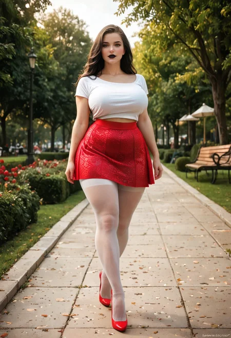 score_9, score_8_up, score_8, intricate details, masterpiece, best quality, amazing quality, (outdoors, at park, evening), 1girl, solo, pale skin, skin imperfections, black hair, long hair, black lips, big breasts, shirt, ((walking)), youthful face, beautiful face, perfect face, wide hips, ((fat legs, thick legs)), imperfect legs, unusual legs,legs imperfections, ((red bubble skirt), white pantyhose, transparent pantyhose), high heels