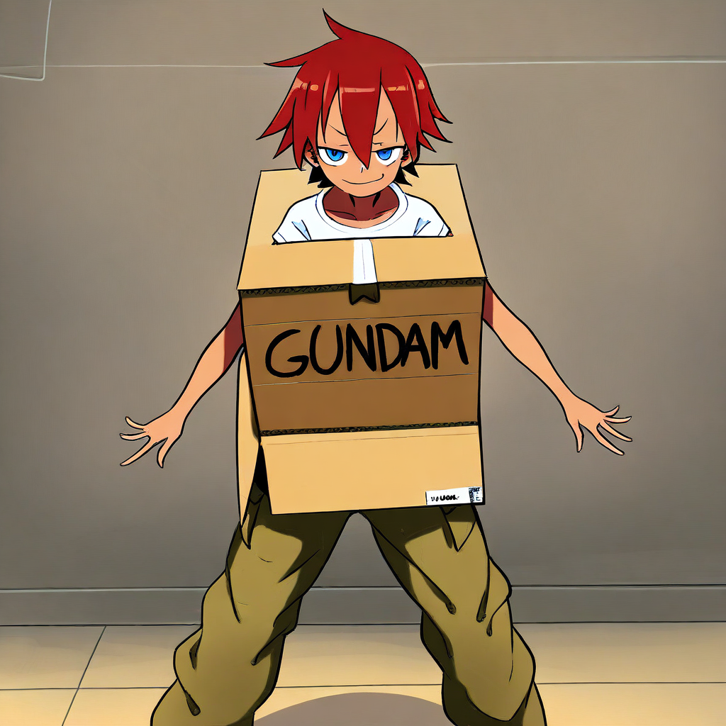 masterpiece, best quality, absurdres, 1girl, female focus, solo, red hair, short hair, tomboy, blue eyes, smug, t-shirt, white shirt, cargo pants, khaki pants, ha_ko_ga, cardboard box, English text, smug, looking at viewer, arms at sides, standing, wall, floor