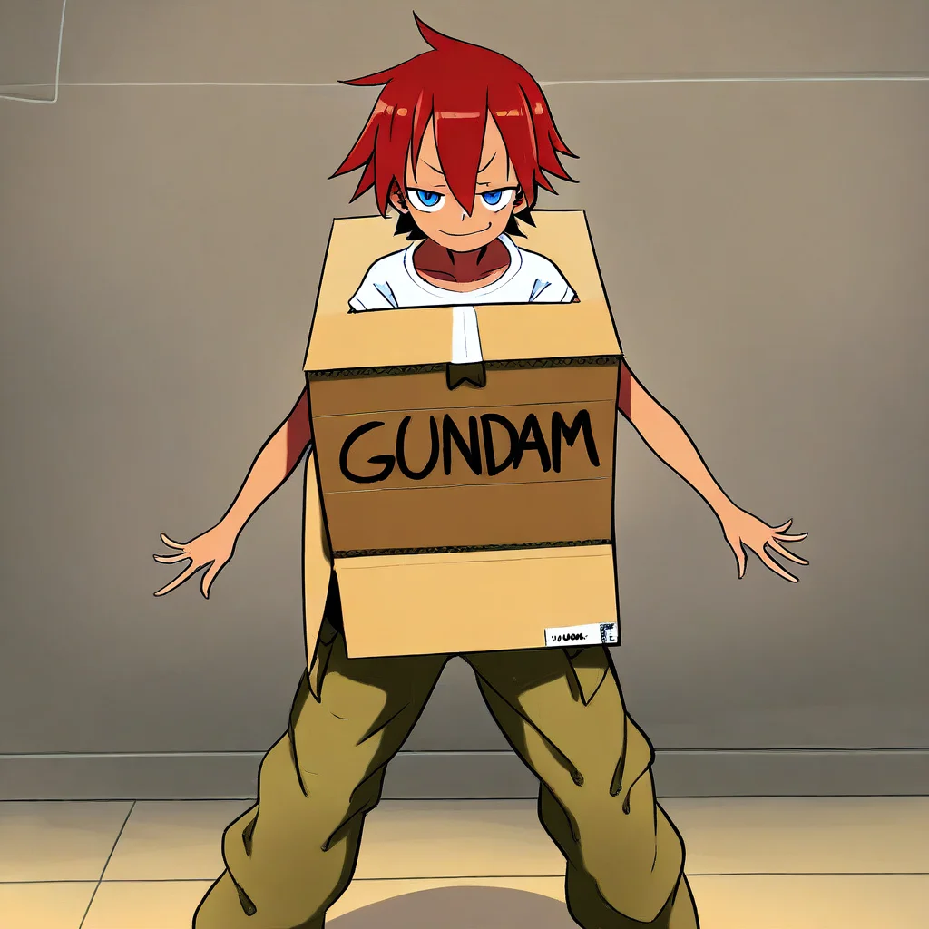 masterpiece, best quality, absurdres, 1girl, female focus, solo, red hair, short hair, tomboy, blue eyes, smug, t-shirt, white shirt, cargo pants, khaki pants, ha_ko_ga, cardboard box, English text, smug, looking at viewer, arms at sides, standing, wall, floor