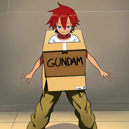 masterpiece, best quality, absurdres, 1girl, female focus, solo, red hair, short hair, tomboy, blue eyes, smug, t-shirt, white shirt, cargo pants, khaki pants, ha_ko_ga, cardboard box, English text, smug, looking at viewer, arms at sides, standing, wall, floor