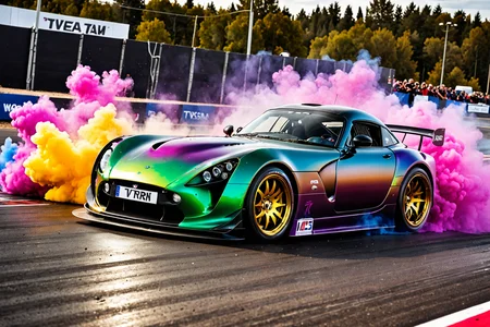 wide body kit TVR Tuscan, racing through LIQUID METAL, liquid metal sprays up from the cars tyres, Car drifting in a black void , UHD, Colorful Powder Explosion