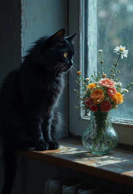 Beauty, realism, cinematic quality, chiaroscuro, rays of light, play of shadow and light, cinematic style, A conceptual oil and pen painting that captures a captivating scene of a long-haired black cat perched on a windowsill. The cat, with expressive, large eyes, is thoughtfully examining a unique, grid-shaped glass vase filled with a vibrant bouquet. The dimmed lighting casts a soft glow on the cat and the arrangement, while the background features a blurred wall and window, adding depth and focus to the feline subject. The overall atmosphere of the artwork is moody and enchanting., conceptual art