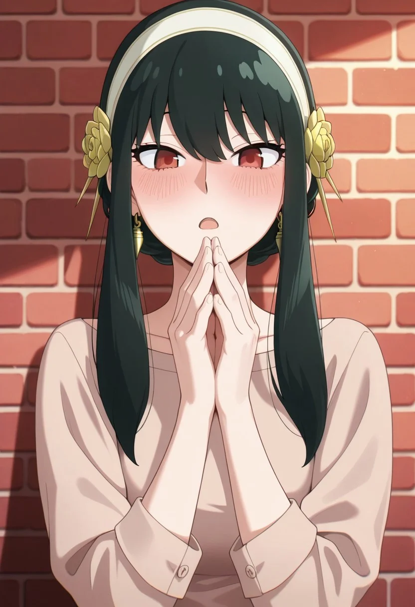 masterpiece,best quality,amazing quality, yor briar, black hair, long hair, red eyes, 1girl, solo, blush, brick wall, hairband, sidelocks, own hands together, hair ornament, hair flower, open mouth, looking at viewer, flower