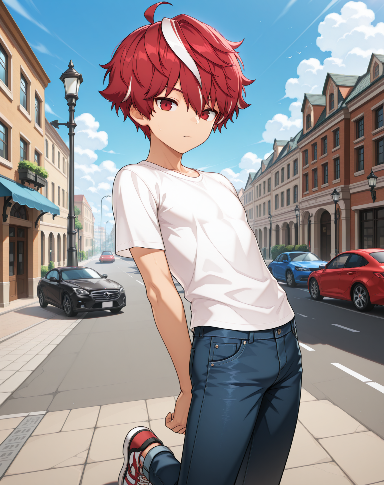 masterpiece,best quality,amazing quality, newest, very aesthetic, absurdres,
1boy, solo, yaoi, male focus, looking at viewer, cowboy shot, standing,
<lora:Elsword_Sacred_Templar_ilxl:1> elswordst, red hair, red eyes,  streaked hair, white hair,
white shirt, jeans, sneakers,
outdoors, day, blue sky, building, street, road, lamppost, car,