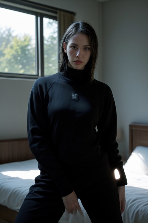 score_9, score_8_up, score_7_up,, (4k quality, masterpiece):1.4), depth of field, raw lighting, overexposed, harsh flash,bokeh effect, raw,( best quality:1.1), daytime, sunny, bedroom, matte texture,
Teen, running, combat pose,
black dragonborn, black body, Black scales, red eyes, fit athletic body, muscular female, no tail, small eyes, rockstar outfit,, front view,  large  hoodie , baggy hoodie,baggy pants,  t-shirt,
beautiful, zPDXL, Expressiveh, Comistyle,