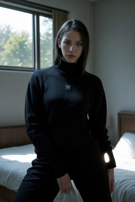 score_9, score_8_up, score_7_up,, (4k quality, masterpiece):1.4), depth of field, raw lighting, overexposed, harsh flash,bokeh effect, raw,( best quality:1.1), daytime, sunny, bedroom, matte texture,
Teen, running, combat pose,
black dragonborn, black body, Black scales, red eyes, fit athletic body, muscular female, no tail, small eyes, rockstar outfit,, front view, large hoodie , baggy hoodie,baggy pants, t-shirt,
beautiful, zPDXL, Expressiveh, Comistyle,