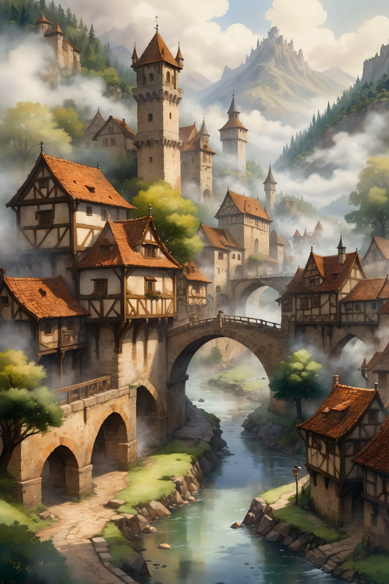 <lora:Retro_Illustration:1> 2d game scene, oil and watercolor painting, scenery, mediaeval town, river, bridges, steam, fog, mountain, tree, forest, (masterpiece:1.2), best quality