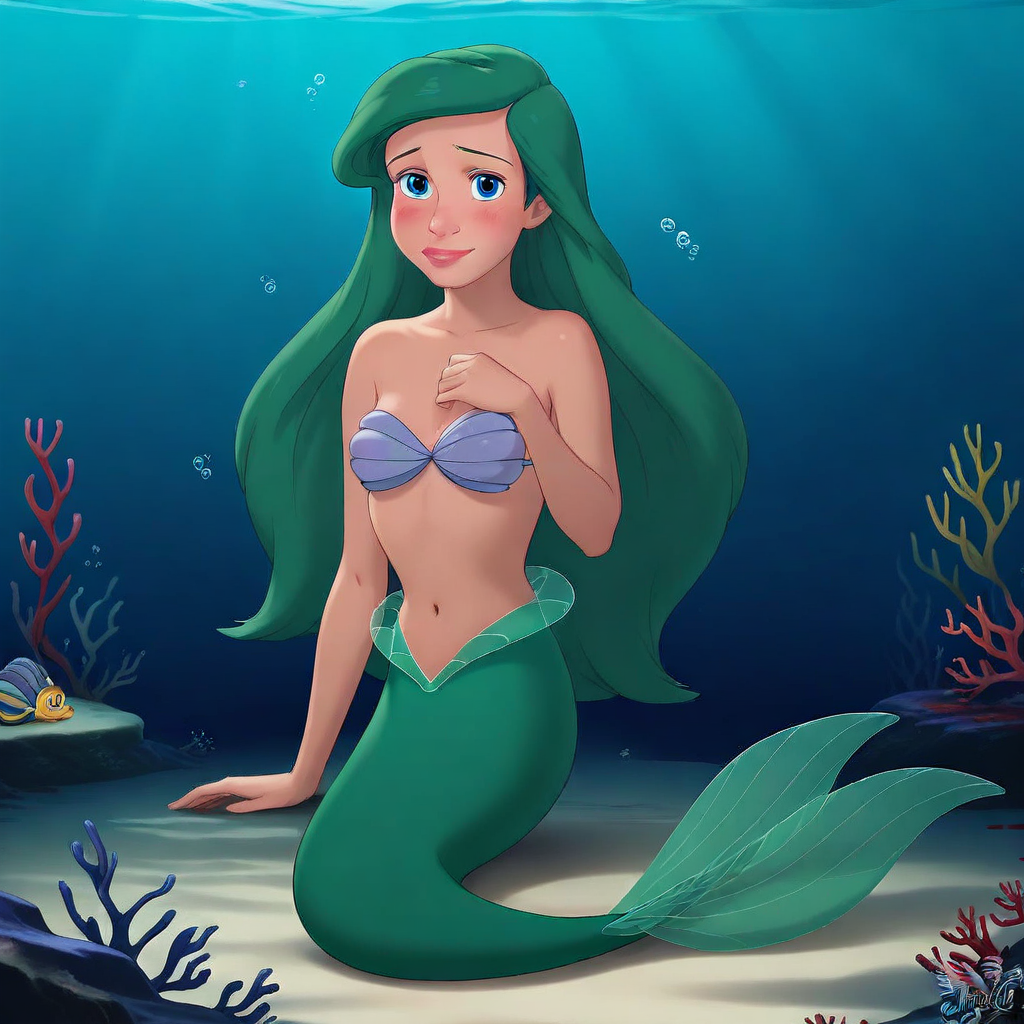 bikini, small breasts, seaweed, underwater, arm support, full body, hand on own chest, looking away, light rays, long hair, bikini top only, smile, signature, breasts, blush, navel, shell, stomach, hand up, solo, blue eyes, mermaid, swimsuit, sunlight, blood, looking at viewer, makeup, lips, very long hair, bare shoulders, bubble