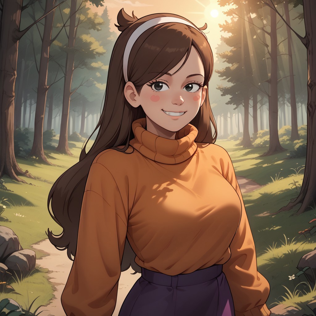 score_9, score_8, BREAK, mabel pines,1girl,solo,hairband,black eyes,long hair,brown hair,blush stickers,sweater,turtleneck,long sleeves,skirt,smile,adult female,mature female,breasts, sexy pose, self portrait, smile, outdoors, sunlight, shadows, evening lighting, natural lighting, forest, trees, grass, orange sky, sunset