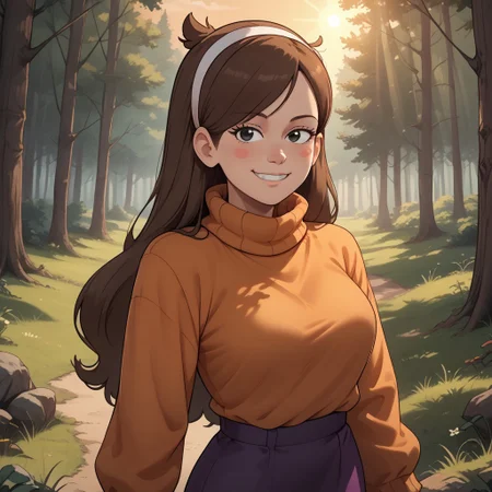 score_9, score_8, BREAK, mabel pines,1girl,solo,hairband,black eyes,long hair,brown hair,blush stickers,sweater,turtleneck,long sleeves,skirt,smile,adult female,mature female,breasts, sexy pose, self portrait, smile, outdoors, sunlight, shadows, evening lighting, natural lighting, forest, trees, grass, orange sky, sunset