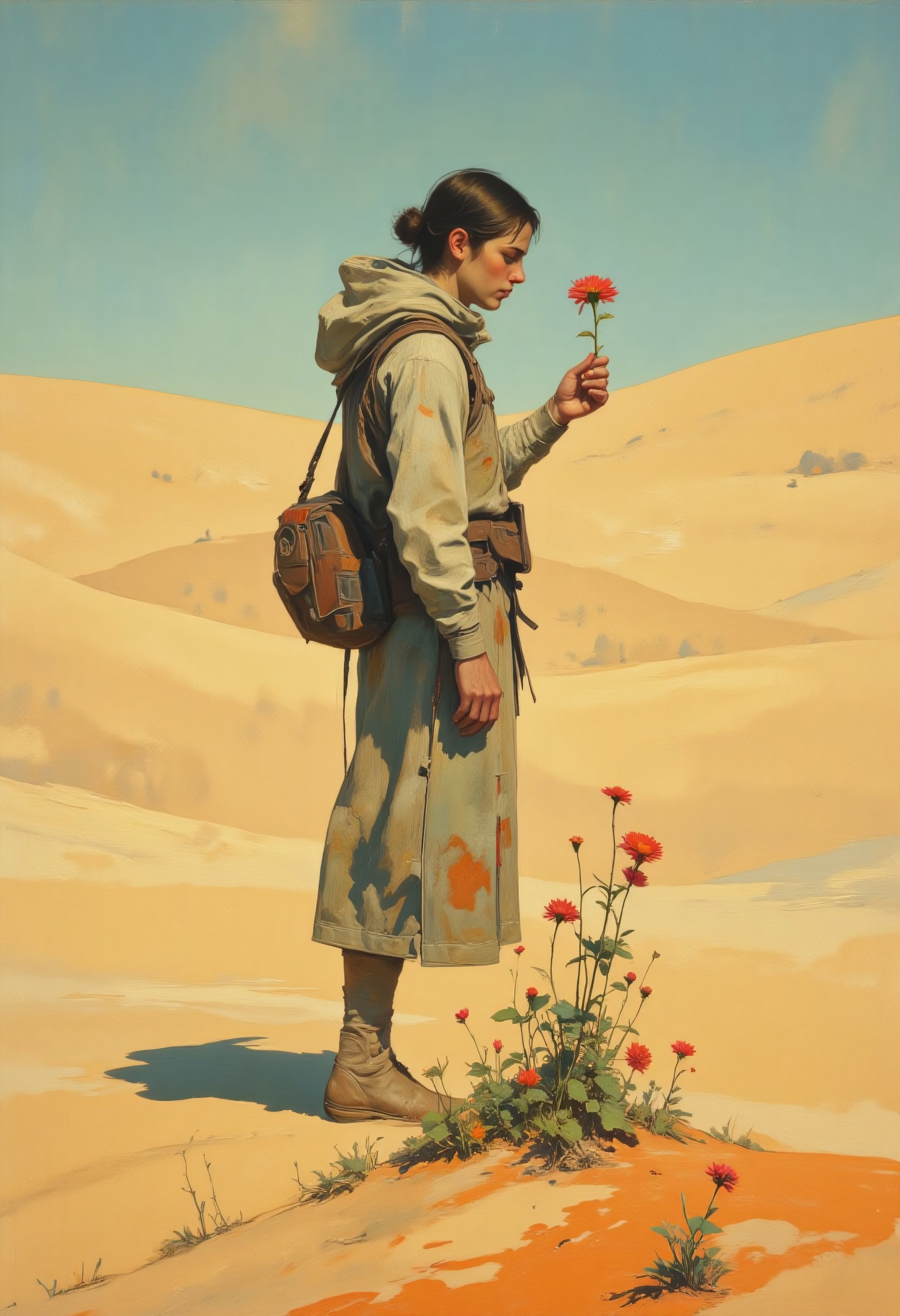 drkfnts style, DB4RZ, DB4RZ style painting, ck-70scf, OBxiaoxiang, R3alisticF, Steve McDonald Art, a highly detailed digital painting of a lone figure in a desolate expansive desert landscape stands in a quiet, sunlit clearing, holding a single flower in their hand. The bloom is delicate, its vibrant petals trembling in the soft breeze. there is nothing to be seen for miles except dunes of sand. The figure’s face is soft in expression, caught in a moment of stillness, as if they are watching something fragile grow in the silence of the world around them.

The composition is dominated by gold, navy blue, orange, and red tones.