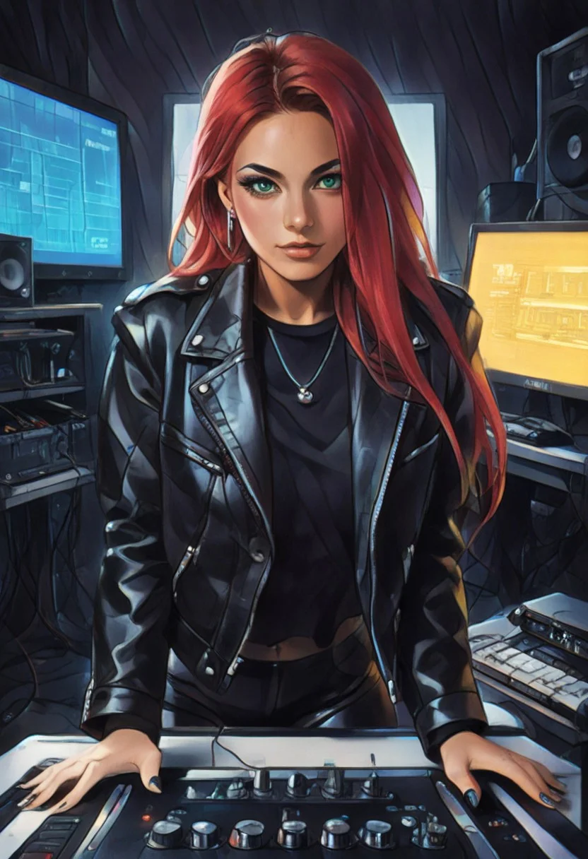 (score_9, score_8_up, score_7_up), woman with gothic-inspired style, posing, she is wearing black leggings and black leather jacket with metal studs, she is red-haired with long straight hair, green eyes, big eyes, beautiful, looking at viewer, she is tall and athletic body, standing in front of a mixing desk, with a computer from the 80‘s and an old CRT monitor, in the background a vinyl record rack, 80’s style, synthwave aesthetics, 80s inspiration, vaporwave vibes, nostalgia, masterpiece, best quality, high detail