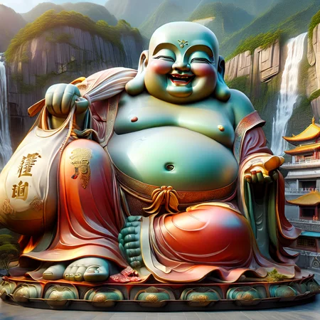 ultra-realistic style,(massive traditional Chinese Maitreya Buddha statue:1.2) situated behind a Buddhist temple,(reclining on a mountainside:1.1) next to a waterfall,with a (radiant smile:1.2) that is infectious,(corpulent figure:1.1) symbolizing prosperity and well-being,attired in a (loose but opulent kasaya:1.1) symbolizing wealth,exposing a (broad chest and large stomach:1.1) which signifies tolerance and magnanimity. Carrying a (large cloth bag:1.1) representing his compassion and wisdom,able to contain the world's treasures and spread light and hope. Artistic depiction highlights cultural significance and charitable,tolerant,optimistic social values. Rich in color,12K resolution,super-real,<lora:SDXLä½åå½åè©è©-000003:1>,<lora:ççå°å¥³[SDXLç½æ£±Lora]-çç³-ç»ç-é¶ç·-ç­è´¨æ_v1.1:0.4>,a girl formed of colored glaze,glazed girl,coloured glaze,jade,glass,translucent,, 8K, best quality, blurred, bokeh, depthoffield, filmgrain, glisteningskin, HDR, highres, Kodakportra400, lens flare, masterpiece, photography,   RAW photo, realistic, shar pfocus, ultra detailed, ultra highres, vibrant color, masterpiece,best quality,ultra high res,mini_world,the mini world composed of ancient architecture and a mountain  and waterfal and river and bridge,vivid color,c4d,potted plant_style,<lora:å¾®ç¸®ä¸ç(è¸å±±è½æµ·):0.3>,